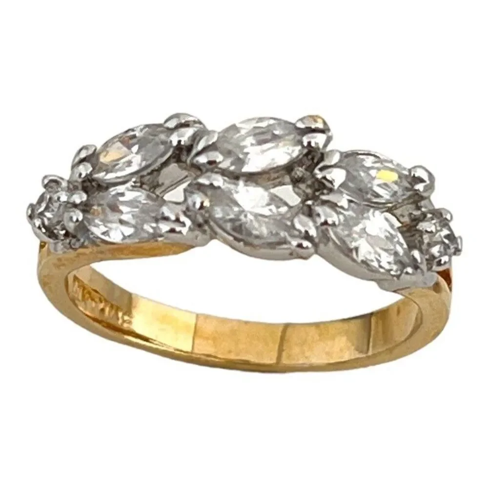 Vintage 1970s Ring Size 8 CZ Marquise Cluster Gold Plated Band - 14Q